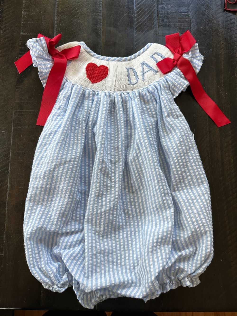 Light Blue and White Seersucker Baby Bubble with Red Bow Accents